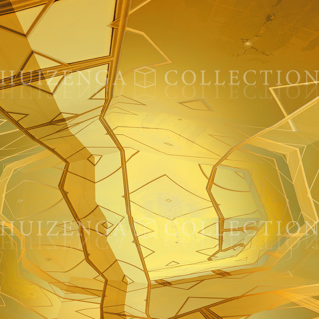 Close-up detail of Metakosmia Gold VII by Lisette Huizenga, showing luminous golden light and fine geometric structures.