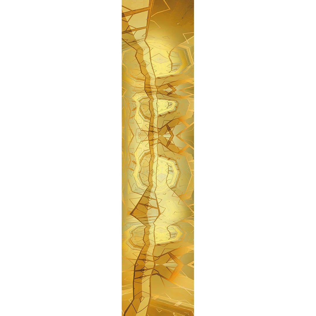 Metakosmia Gold VII, 2026 – immersive abstract digital painting by Lisette Huizenga. A tall, powerful golden composition with intricate geometric patterns and radiant light creating depth and movement.