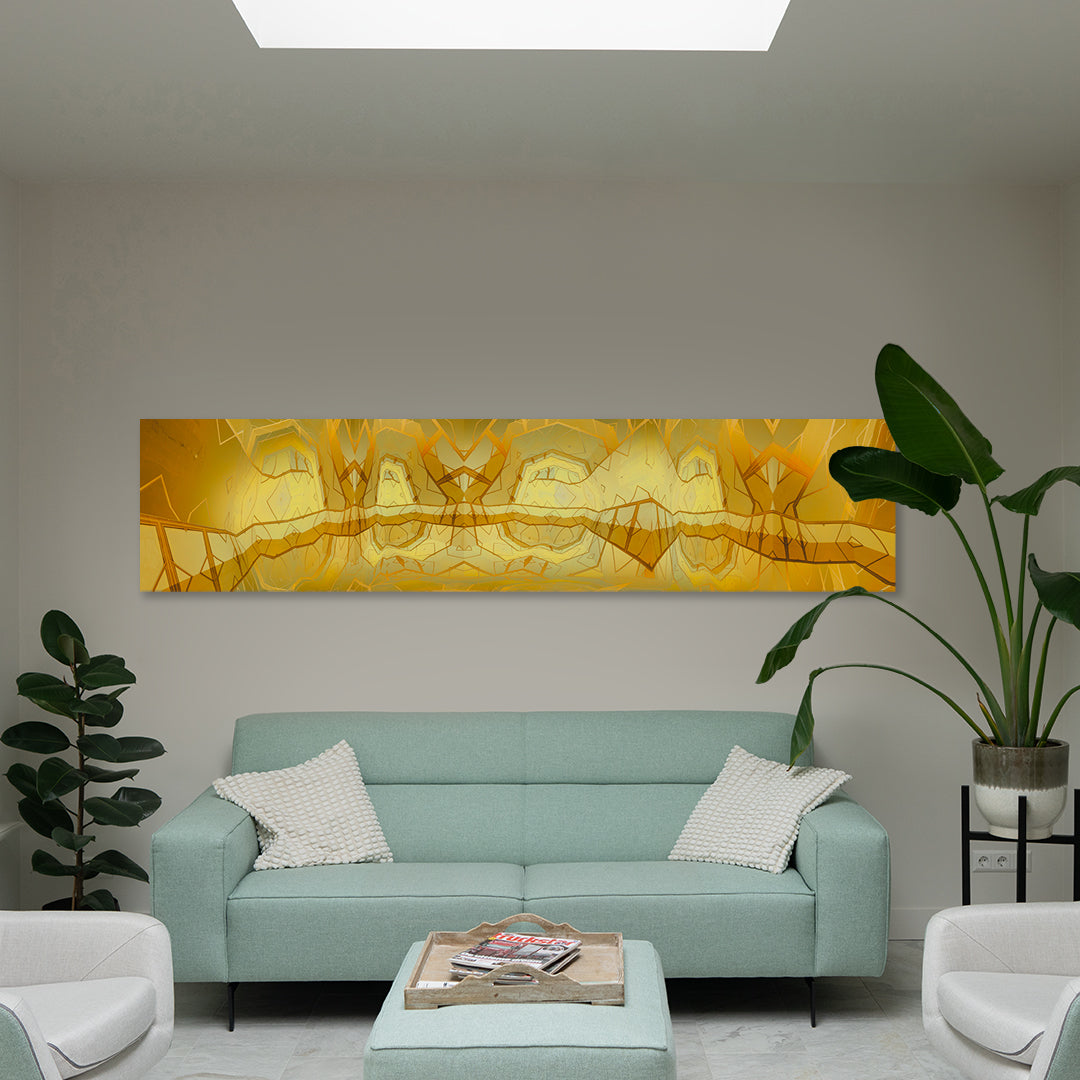 Gold VII installed in an interior space. Large-scale golden abstract painting by Lisette Huizenga creating a striking vertical presence.