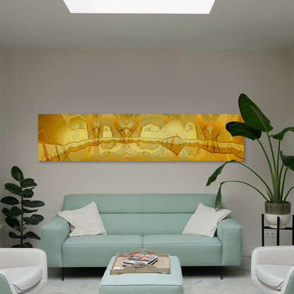 Gold VII installed in an interior space. Large-scale golden abstract painting by Lisette Huizenga creating a striking vertical presence.