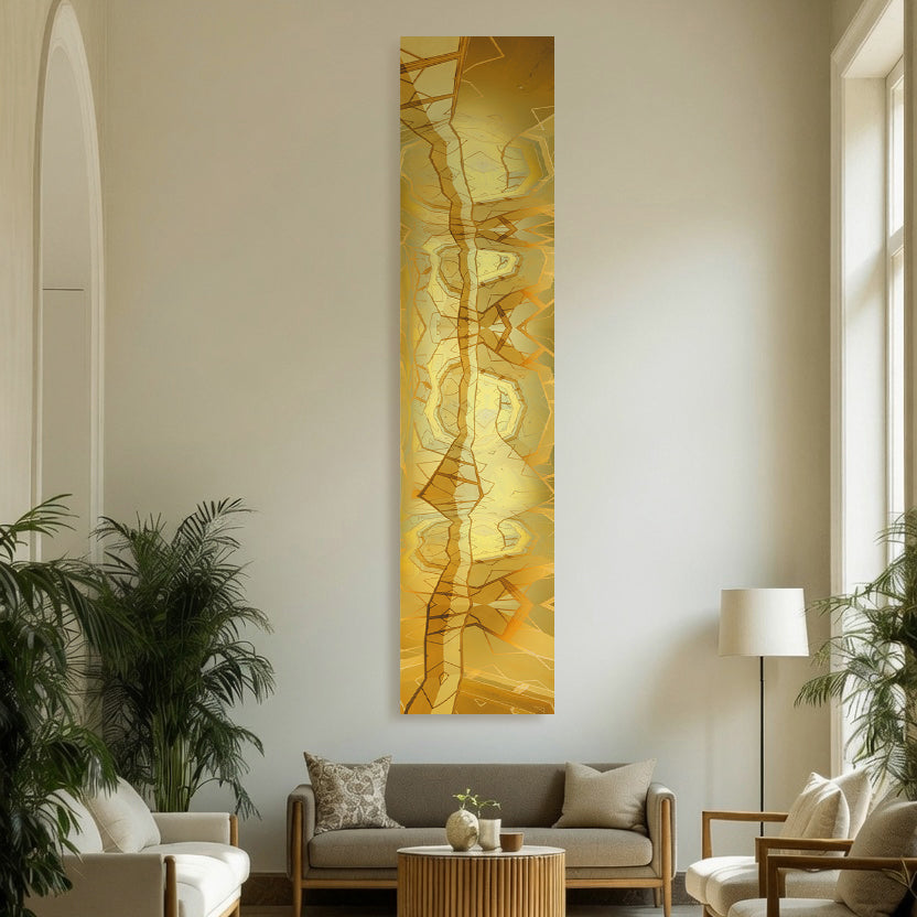 Metakosmia Gold VII vertically installed in an waitingroom interior space. Large-scale golden abstract painting by Lisette Huizenga creating a striking vertical presence.