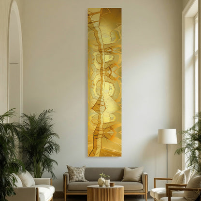 Metakosmia Gold VII vertically installed in an waitingroom interior space. Large-scale golden abstract painting by Lisette Huizenga creating a striking vertical presence.