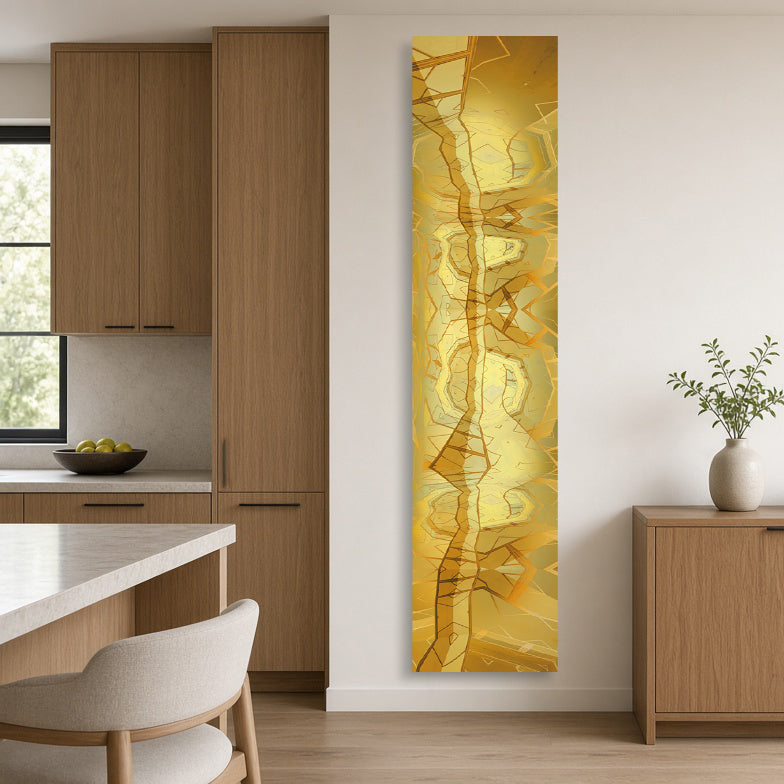 Metakosmia Gold VII vertical installed in a kitchen interior space. Large-scale golden abstract painting by Lisette Huizenga creating a striking vertical presence.
