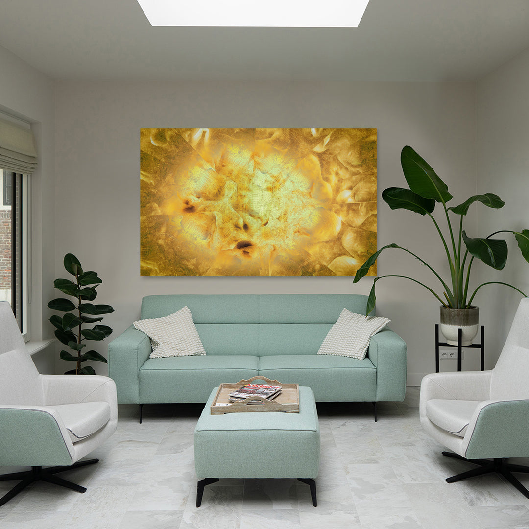Metakosmia gold XI in an interior space – large-scale immersive golden digital painting by Lisette Huizenga with powerful cosmic and luminous presence.