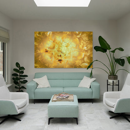 Metakosmia gold XI in an interior space – large-scale immersive golden digital painting by Lisette Huizenga with powerful cosmic and luminous presence.