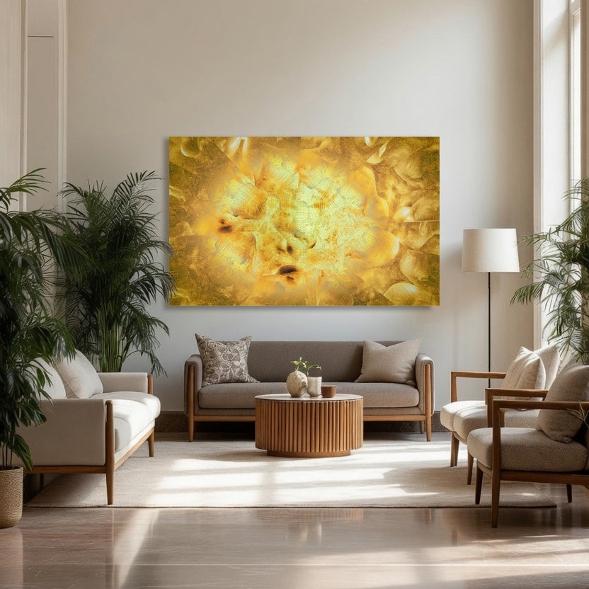 Metakosmia gold XI in an interior space – large-scale immersive golden digital painting by Lisette Huizenga with powerful cosmic and luminous presence.