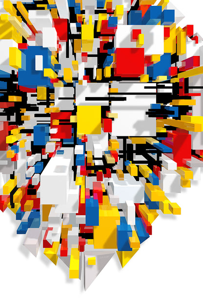 Nirwana – Cosmic Cut, 2026. Powerful abstract digital painting by Lisette Huizenga. An explosive composition of primary colors and geometric forms that radiates energy, depth and cosmic movement.