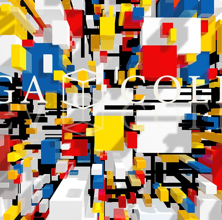 Close-up of Nirwana – Cosmic Cut by Lisette Huizenga, revealing the intense interplay of red, blue, yellow, black and white geometric forms with strong depth and movement.