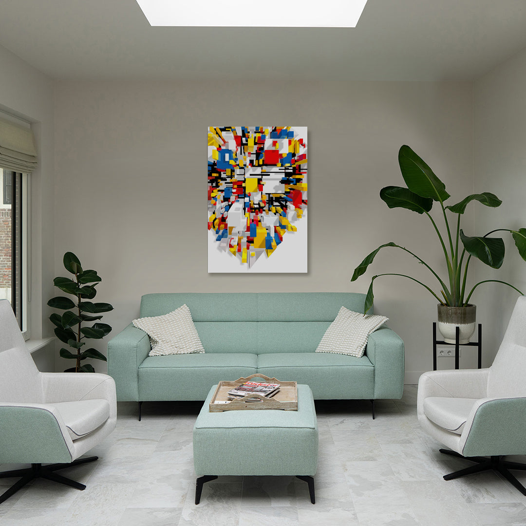 Nirwana Nirwana – Cosmic Cut installed in an interior. The vibrant abstract painting by Lisette Huizenga brings dynamic energy and cosmic rhythm to the space.
