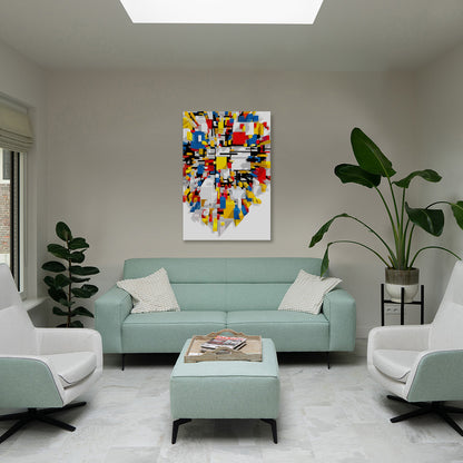 Nirwana Nirwana – Cosmic Cut installed in an interior. The vibrant abstract painting by Lisette Huizenga brings dynamic energy and cosmic rhythm to the space.