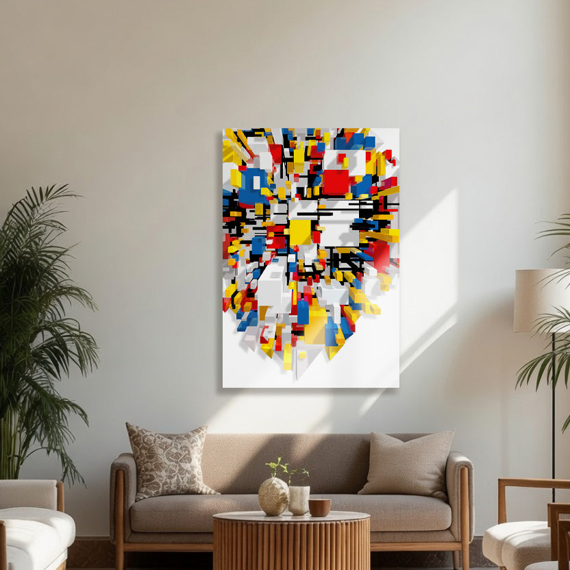 Nirwana Nirwana – Cosmic Cut installed in an interior. The vibrant abstract painting by Lisette Huizenga brings dynamic energy and cosmic rhythm to the space.