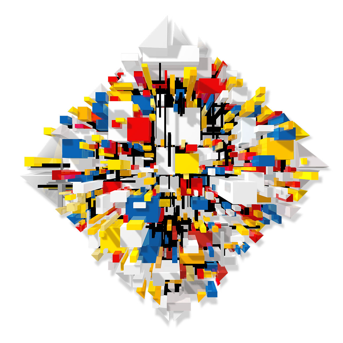 Nirwana – immersive abstract digital painting by Lisette Huizenga. A powerful explosion of colour and geometric forms in primary Mondrian colours, balancing chaos and order in a vibrant, energetic composition of victory boogie woogie.
