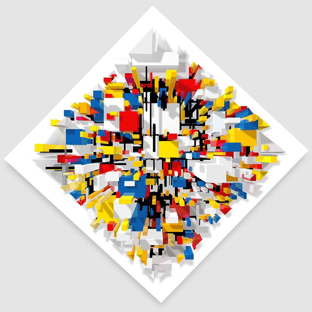 Nirwana – immersive abstract digital painting by Lisette Huizenga. A powerful explosion of colour and geometric forms in primary Mondrian colours, balancing chaos and order in a vibrant, energetic composition of victory boogie woogie.