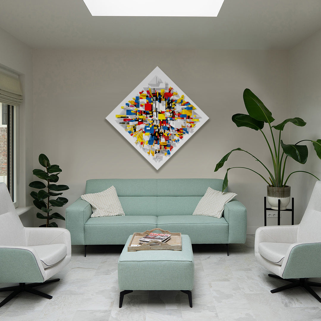 Nirwana displayed in an interior – large-scale vibrant abstract painting by Lisette Huizenga with powerful energy and geometric composition.