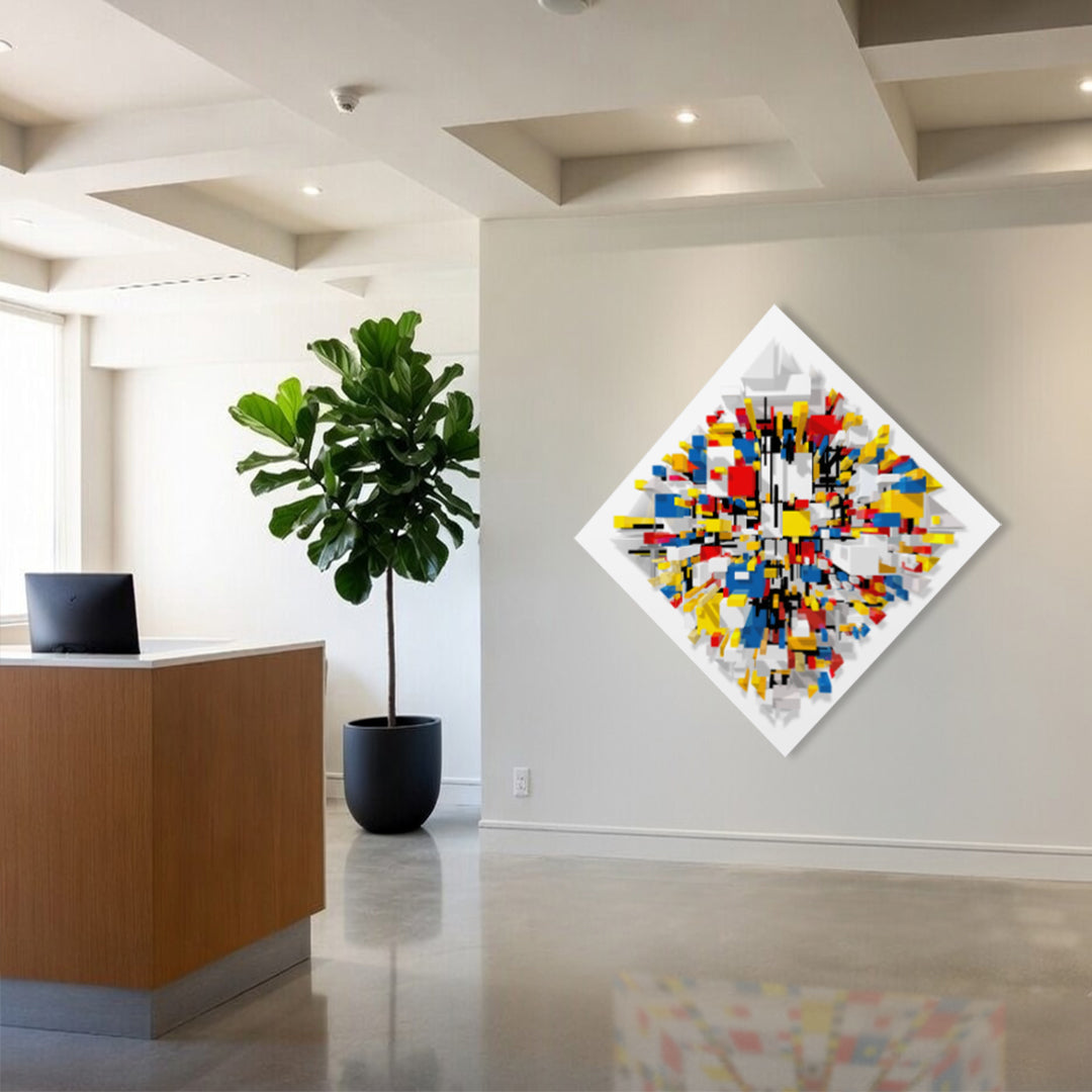 Nirwana displayed in an interior – large-scale vibrant abstract painting by Lisette Huizenga with powerful energy and geometric composition.