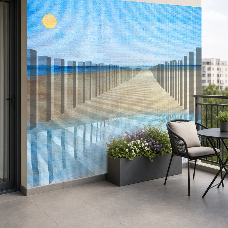 Palenkamer Domburg installed in an interior space as wall filling on a balcony by Lisette Huizenga. A striking immersive painting with architectural poles and spatial depth.