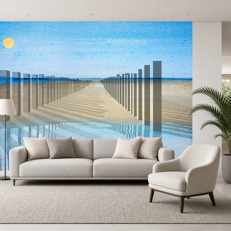 Palenkamer Domburg installed in an interior space as wall filling by Lisette Huizenga. A striking immersive painting with architectural poles and spatial depth.