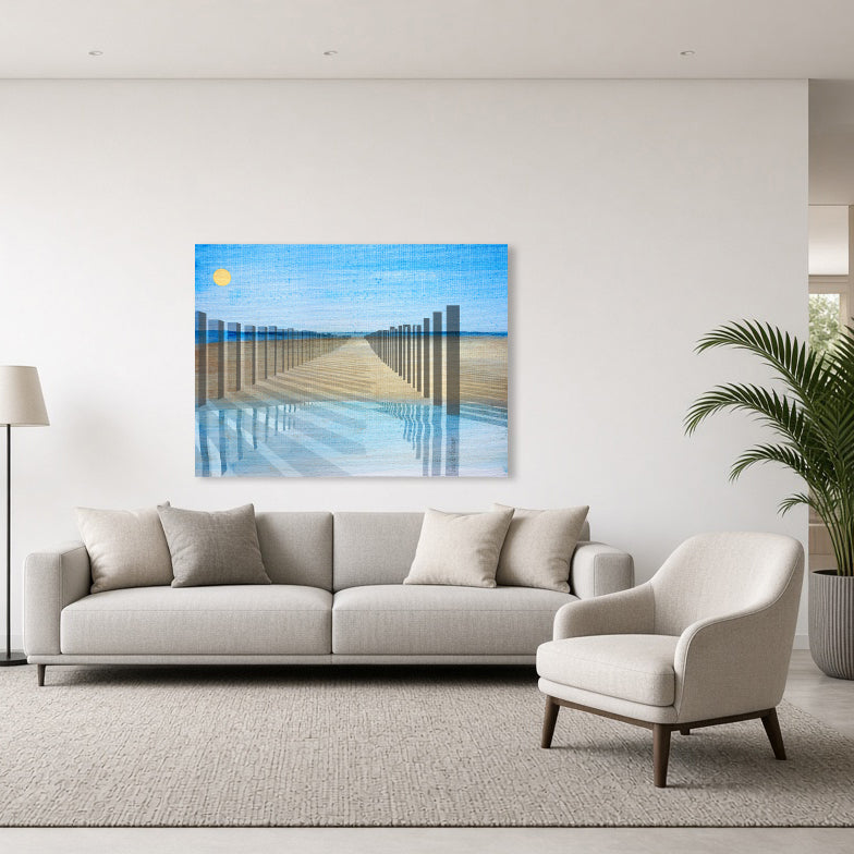 Palenkamer Domburg installed in an interior space by Lisette Huizenga. A striking immersive painting with architectural poles and spatial depth.