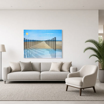 Palenkamer Domburg installed in an interior space by Lisette Huizenga. A striking immersive painting with architectural poles and spatial depth.