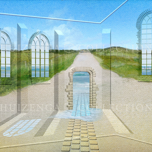 Close-up detail of Path Through the Light by Lisette Huizenga, showing the illuminated path and transparent architectural elements.