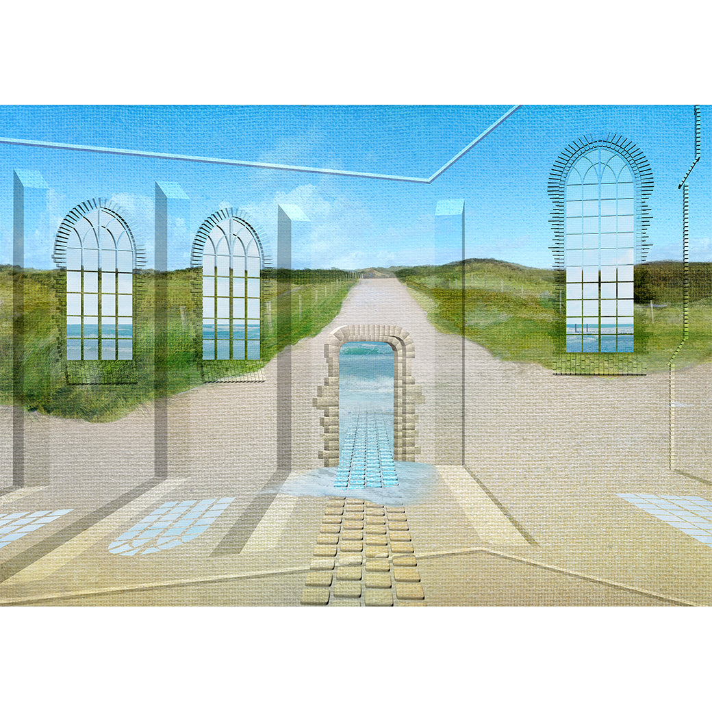 Path Through the Light, 2026 – immersive digital painting by Lisette Huizenga. A serene path leading through light-filled arched windows and dunes towards the sea.