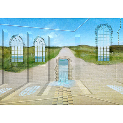 Path Through the Light, 2026 – immersive digital painting by Lisette Huizenga. A serene path leading through light-filled arched windows and dunes towards the sea.
