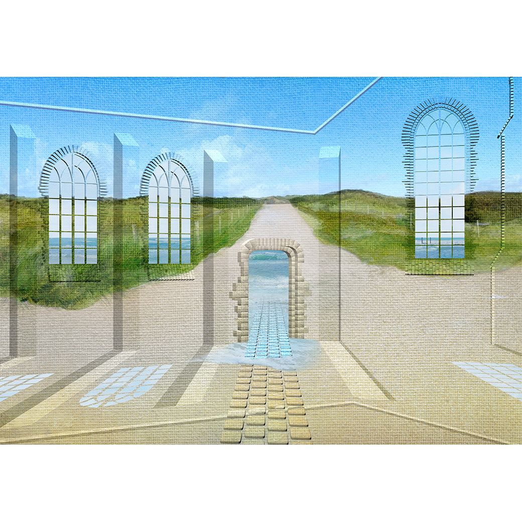 Path Through the Light, 2026 – immersive digital painting by Lisette Huizenga. A serene path leading through light-filled arched windows and dunes towards the sea.