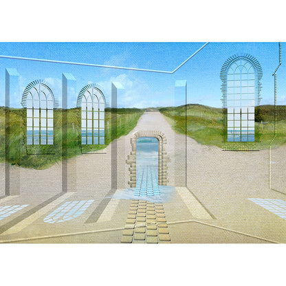 Path Through the Light, 2026 – immersive digital painting by Lisette Huizenga. A serene path leading through light-filled arched windows and dunes towards the sea.