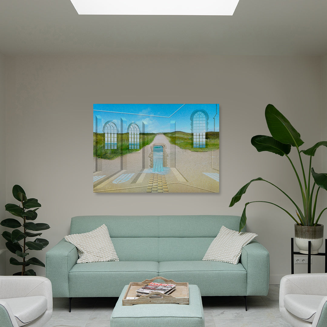 Path Through the Light installed in an interior space by Lisette Huizenga. A serene and immersive digital painting with strong depth and light.