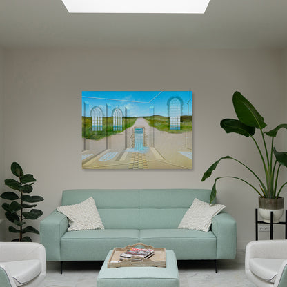 Path Through the Light installed in an interior space by Lisette Huizenga. A serene and immersive digital painting with strong depth and light.