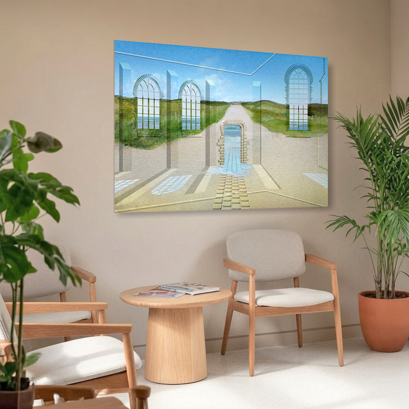 Path Through the Light installed in an interior space by Lisette Huizenga. A serene and immersive digital painting with strong depth and light.