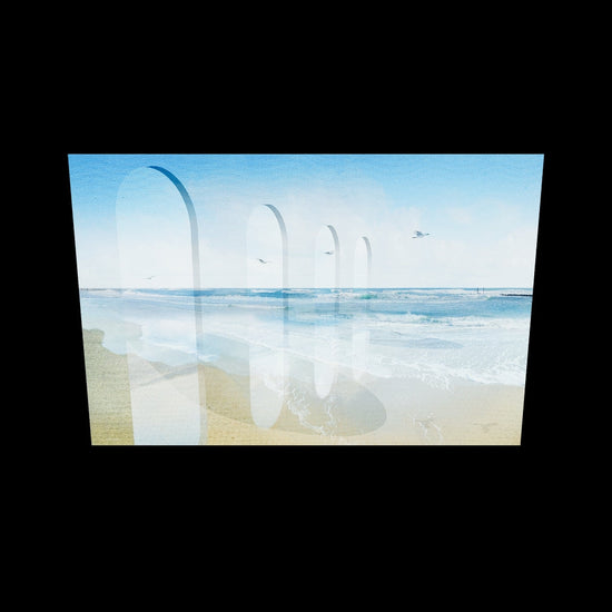 Gates to horizon augmented reality visualisatie van kunstwerk met strand en bogen in woonruimte voor schaal en sfeerbeleving