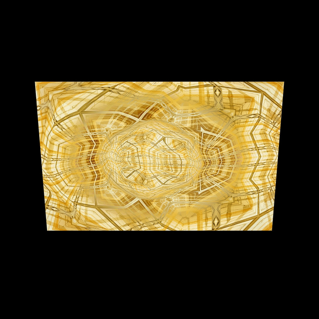 AR view van Metakosmia Gold IV – zie hoe dit gouden, kosmische geometrische schilderij in jouw eigen ruimte tot leven komt
