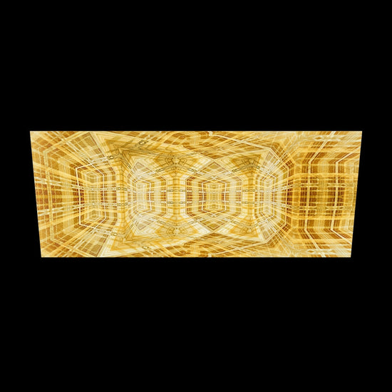 AR view van Metakosmia Gold V – zie hoe dit grote, gouden kosmische geometrische schilderij in jouw eigen ruimte tot leven komt
