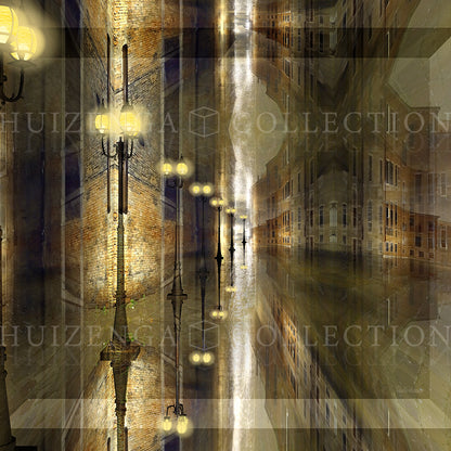 Close-up van Riflessioni Notturne door Lisette Huizenga, detail van lantaarns en reflecties