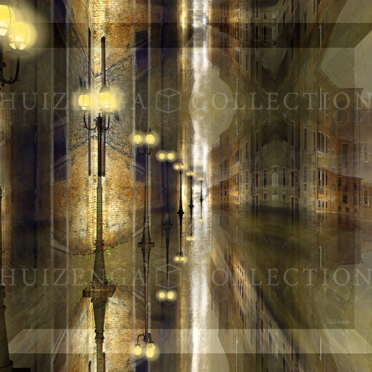 Close-up van Riflessioni Notturne door Lisette Huizenga, detail van lantaarns en reflecties