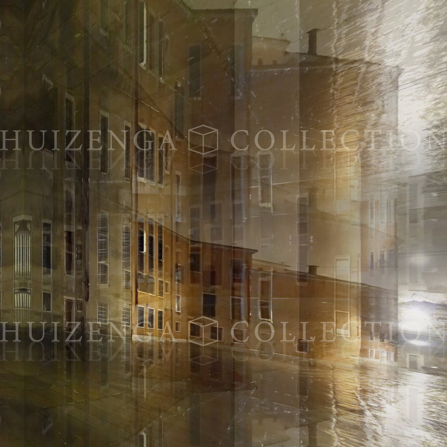 Detail van de mystieke, gelaagde nachtsfeer in Riflessioni Notturne, Venetiaanse serie