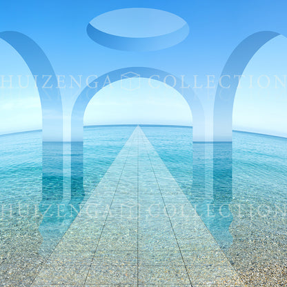 Close-up detail of Sea Portal by Lisette Huizenga, showing the transparent path and water reflections.