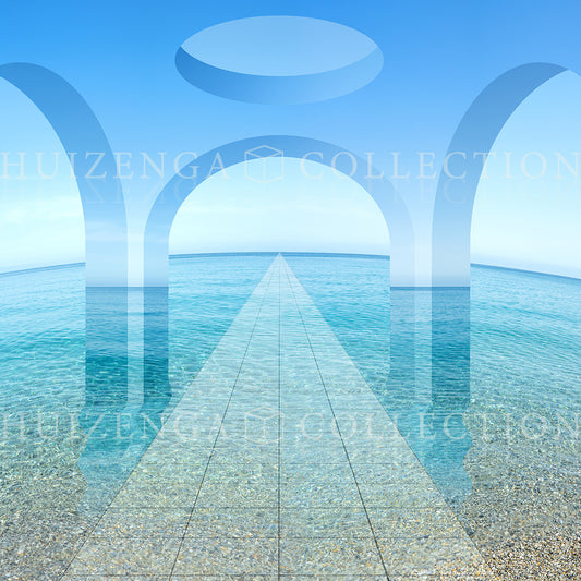 Close-up detail of Sea Portal by Lisette Huizenga, showing the transparent path and water reflections.