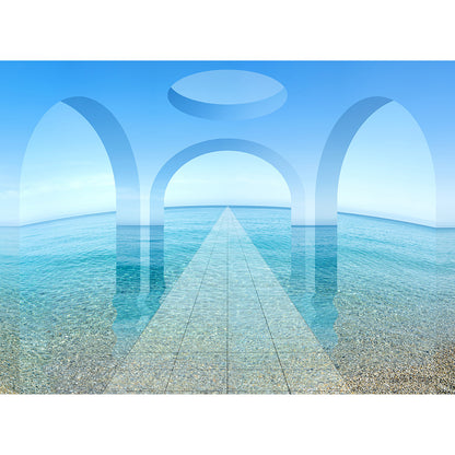 Sea Portal, 2021 – immersive digital painting by Lisette Huizenga. A serene composition with a tiled path leading through transparent arches over the turquoise sea.