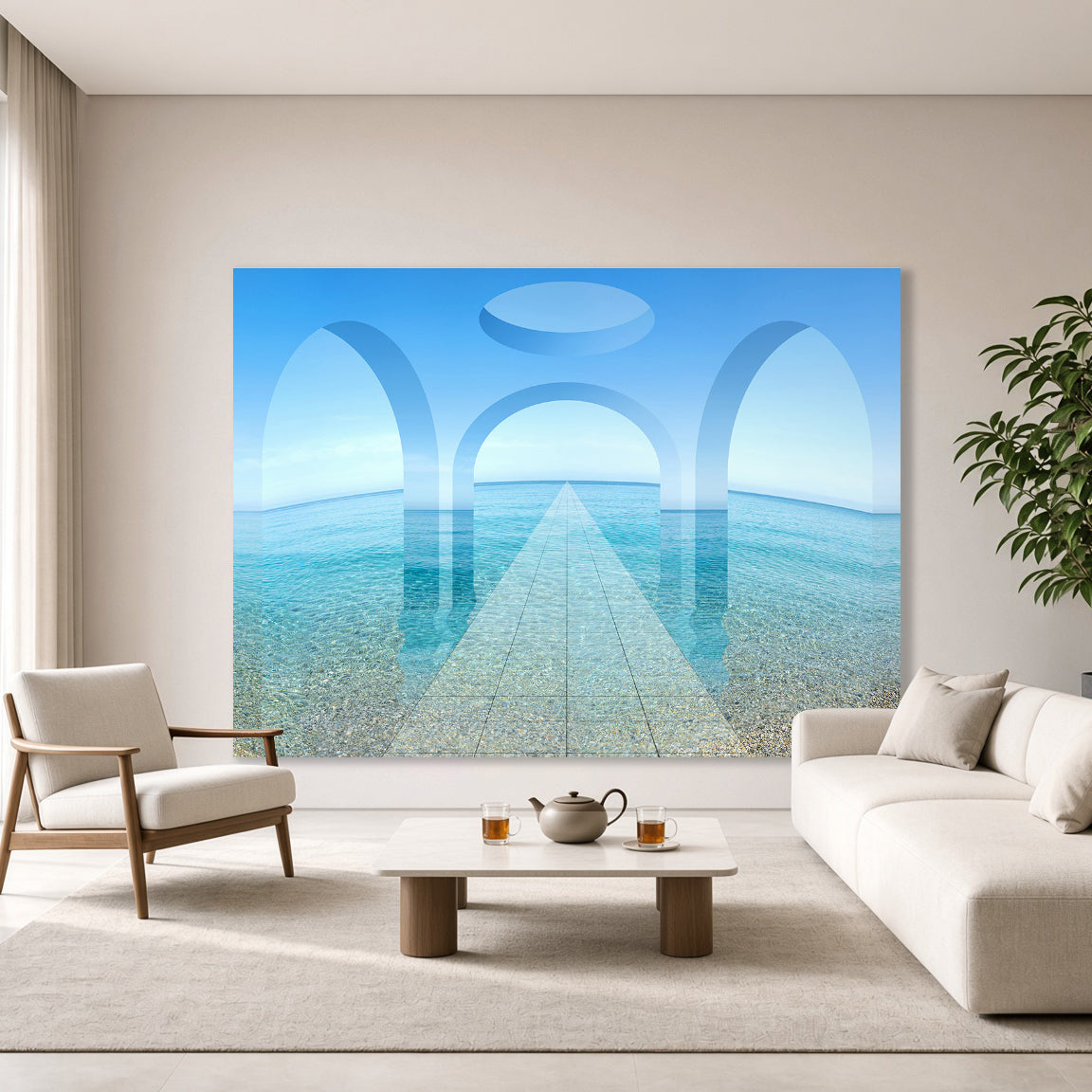Sea Portal installed in an interior space by Lisette Huizenga. A large-scale serene and immersive digital painting.