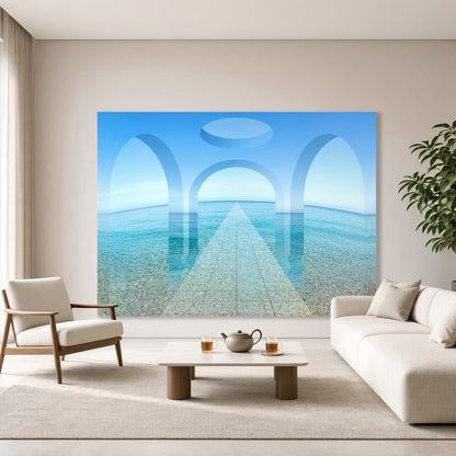 Sea Portal installed in an interior space by Lisette Huizenga. A large-scale serene and immersive digital painting.
