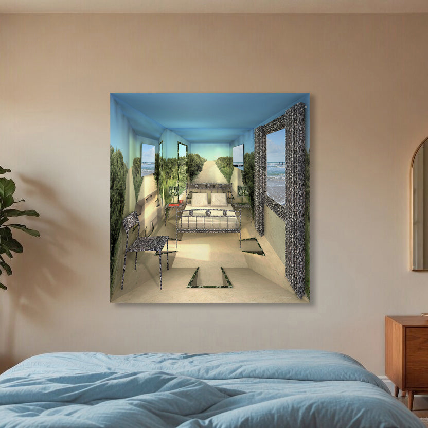 Slaap ruimte kunstwerk gepresenteerd in moderne interieurruimte met focus op ruimtelijke werking en schaalbeleving