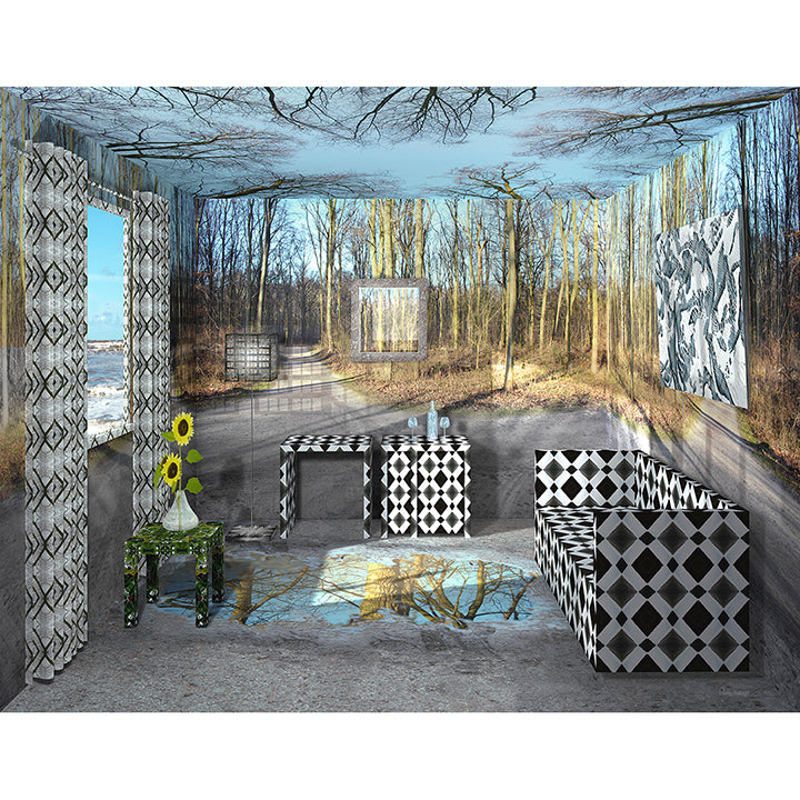 Wintersuite, immersive digital painting by Lisette Huizenga. A serene winter forest scene that transforms an entire interior space into a poetic winter landscape with bare trees and soft light.