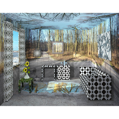 Wintersuite, immersive digital painting by Lisette Huizenga. A serene winter forest scene that transforms an entire interior space into a poetic winter landscape with bare trees and soft light.