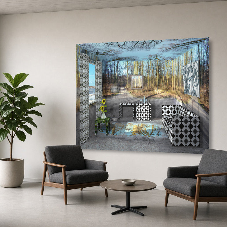 Wintersuite installed in office space. The digital painting by Lisette Huizenga creates the illusion of standing inside a winter forest, with patterned furniture and reflective floor enhancing the spatial effect.
