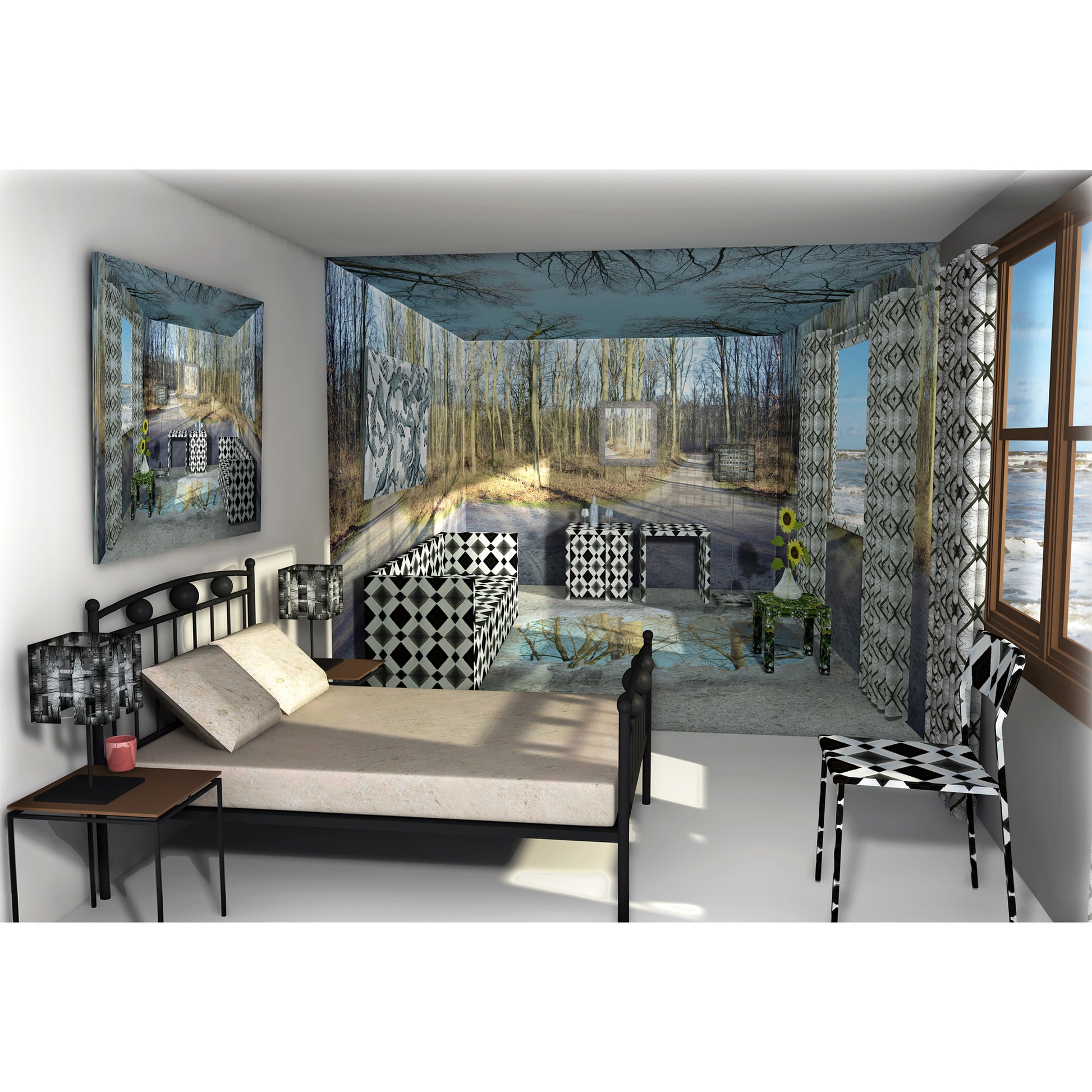 Wintersuite, immersive digital painting by Lisette Huizenga. A serene winter forest scene that transforms an entire sleepingroom into a suite with winter landscape with bare trees and soft light.