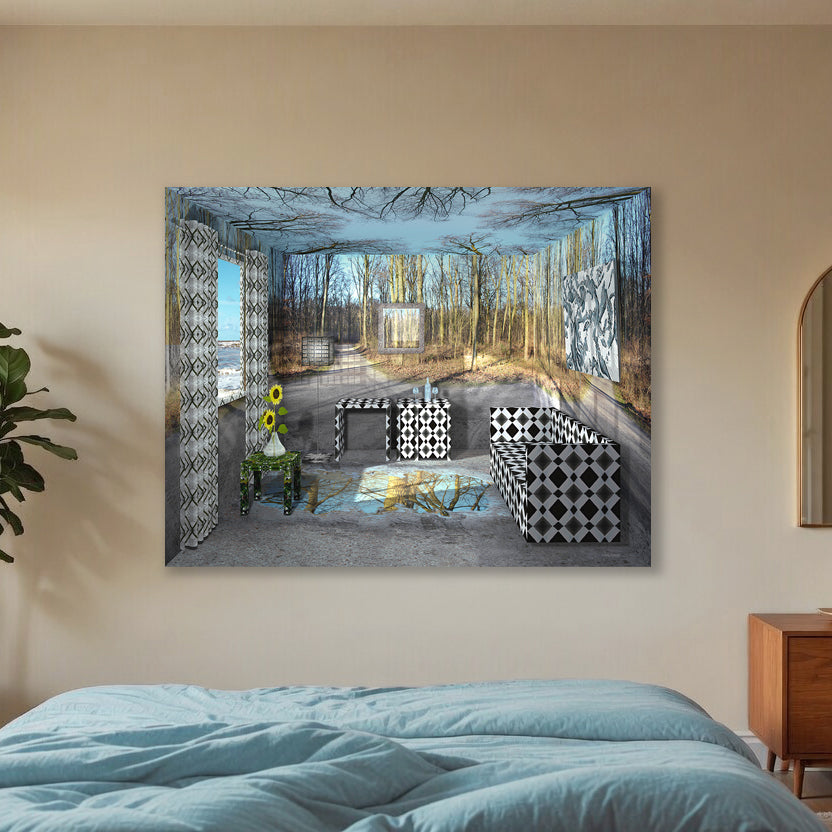 Wintersuite, immersive digital painting by Lisette Huizenga. A serene winter forest scene that transforms an entire sleepingroom into a suite with winter landscape with bare trees and soft light.